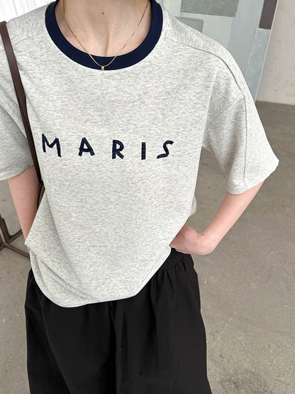 2025  Spring New Korean Version Front Shoulder Niche Design Contrasting Color Crew Neck Splicing Short Sleeve T-Shirt 80118