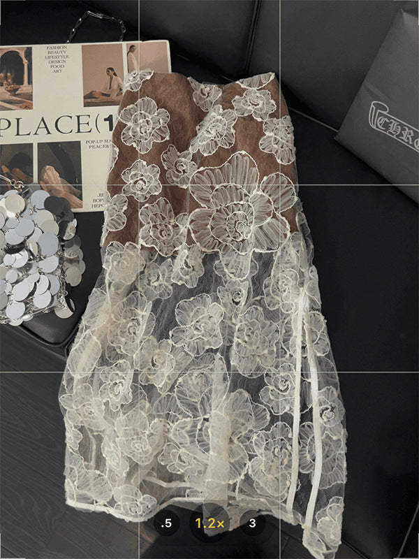 2025 Contrasting color splicing skirt women's mesh embroidery high-end  new  gentle style design skirt