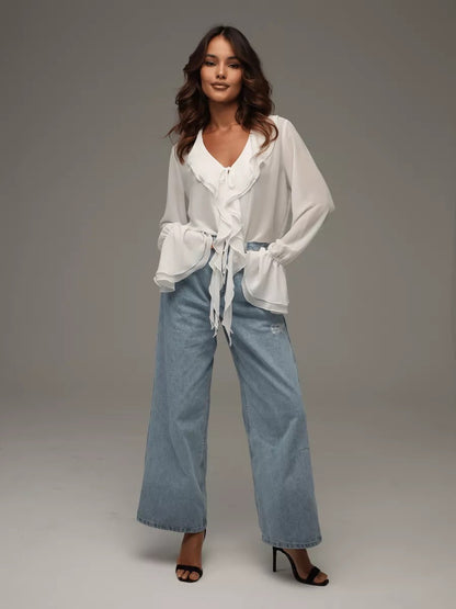 FLOWERSVERSE Spring 2025 style New women's clothing new fashion ruffle edge horn sleeve V-neck lace-up versatile shirt shirt women