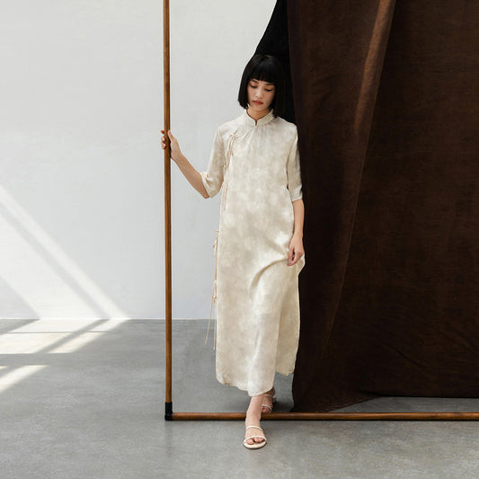 New Chinese dress women's spring and summer lace-up straight modified strap-up skirt long dress B0108