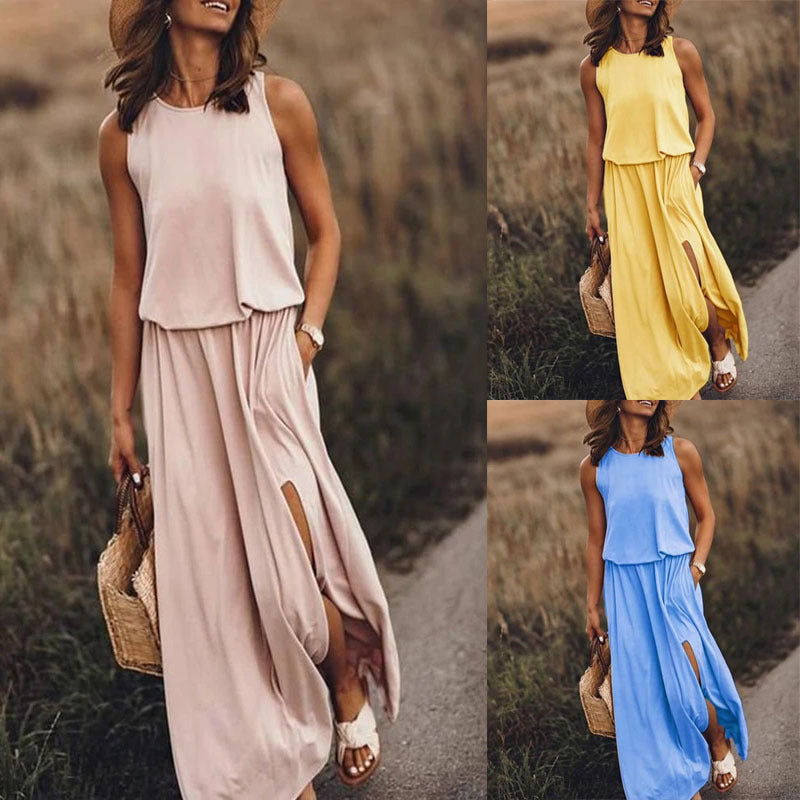 FLOWERSVERSE Cross-border new summer  2025 women's clothing  round neck sleeveless solid color medium and long swing dress