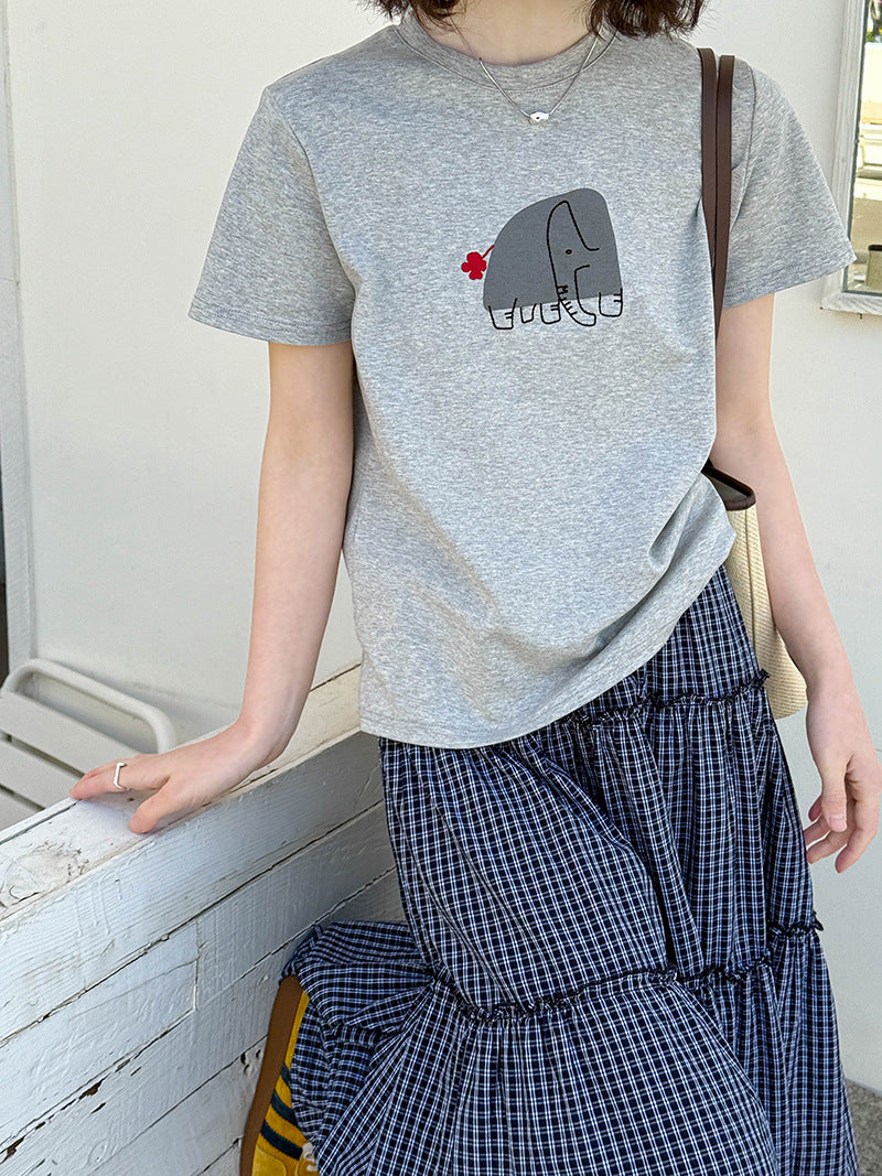 2025  Spring New Printed Short Sleeve T-Shirt Women's Autumn Inner Loose Casual Hot Bottom Top 90621