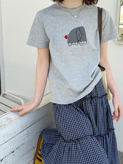 2025  Spring New Printed Short Sleeve T-Shirt Women's Autumn Inner Loose Casual Hot Bottom Top 90621