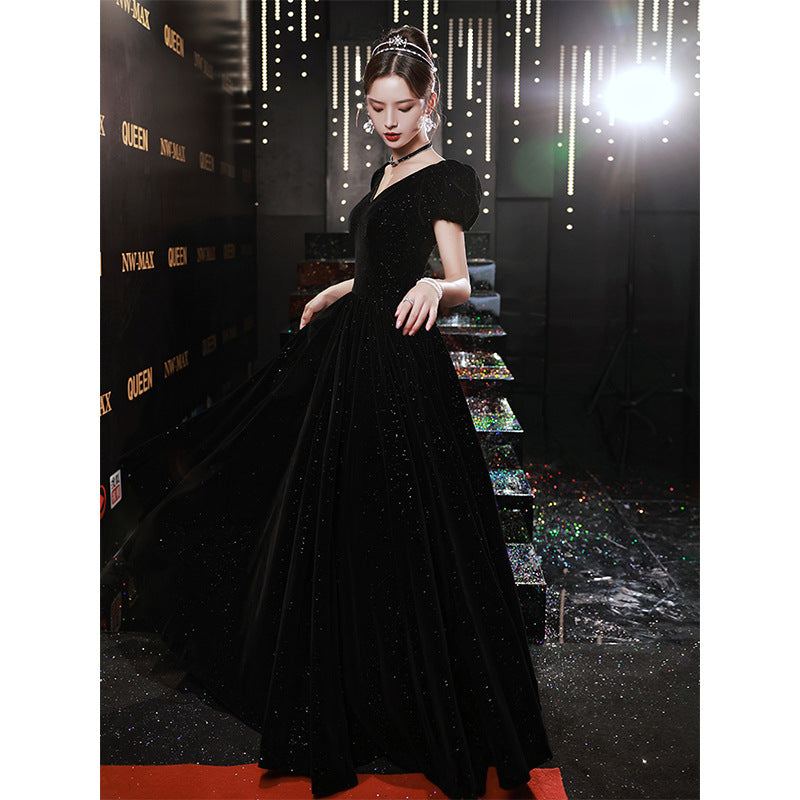 2025 Temperament evening dress women's  new black velvet dress celebrity temperament  banquet dress spring