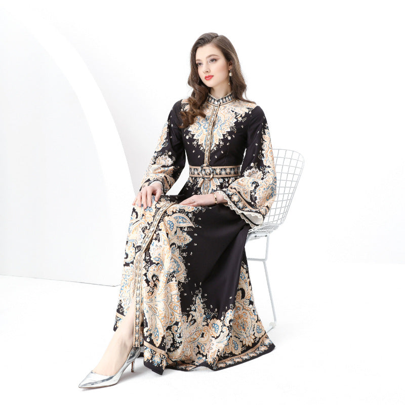 Popular trade export women's clothing court style retro stand-up collar single-breasted printing wide pendulum long dress