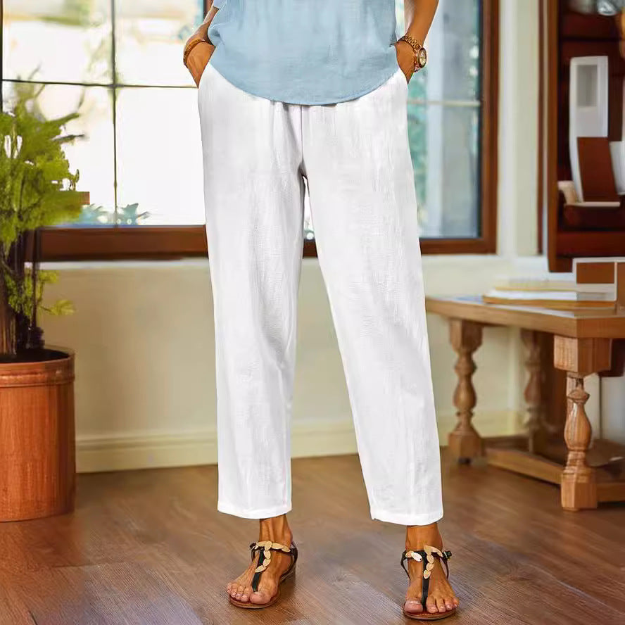 FLOWERSVERSE  New  Independent Station Cross-Border Cotton and Linen Cropped Pants Elastic Waist Casual Women's Pants