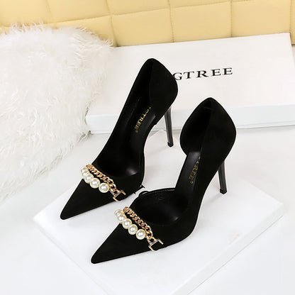 2025 8829-2  style banquet slim super high heel suede shallow mouth pointed pearl metal chain side hollow single shoe