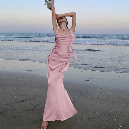 2025 Pure lust sexy swinging collar pink backless streamer dress bridal bridesmaid dress dressing gown toast dress suspender dress