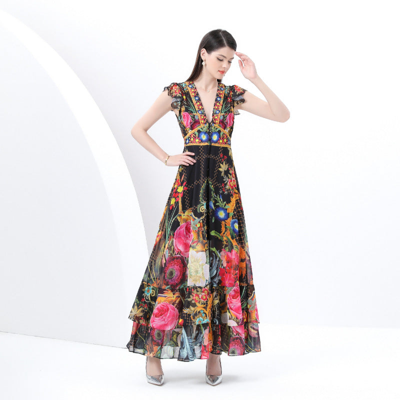 retro court style V-neck sleeveless fashion positioning printing waist thin single-breasted long dress spring
