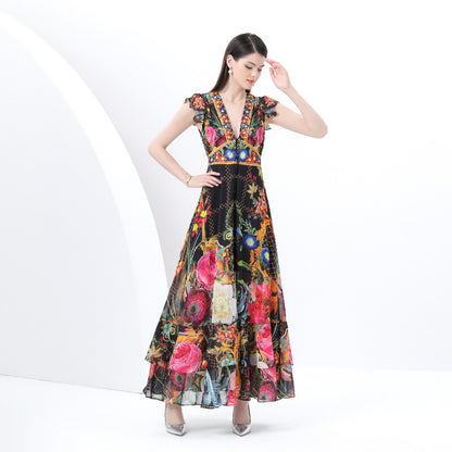 retro court style V-neck sleeveless fashion positioning printing waist thin single-breasted long dress spring