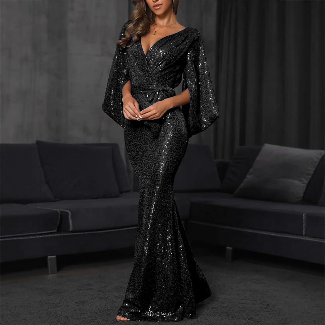 FLOWERSVERSE 2025 spring and summer 2025 Popular trade new sexy dress split color sequins long floor mopping evening dress dress