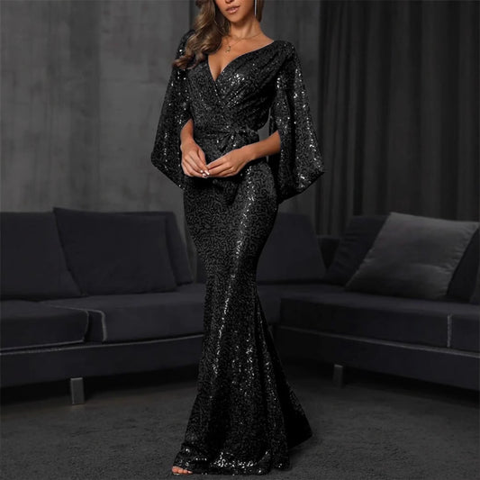 FLOWERSVERSE 2025 spring and summer 2025 Popular trade new sexy dress split color sequins long floor mopping evening dress dress