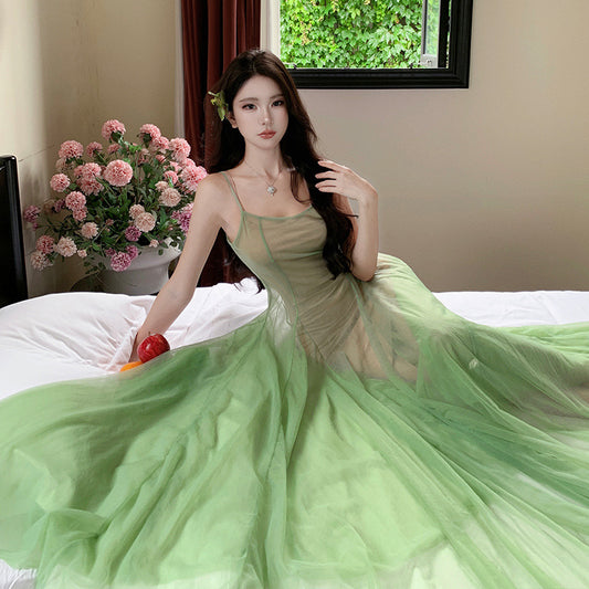 2025 atmosphere super good-looking suspender dress women's summer gentle wind waist thin mesh a word fairy dress