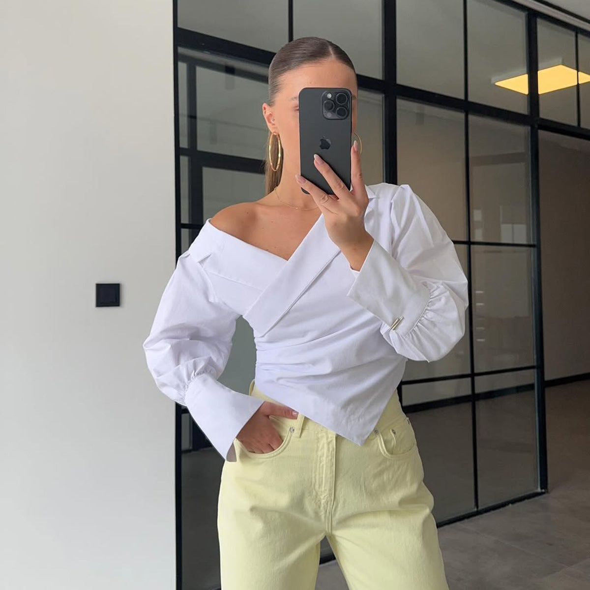 high-end light luxury summer solid color off-the-shoulder lapel lantern cuff waist design long-sleeved shirt