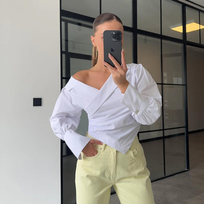 high-end light luxury summer solid color off-the-shoulder lapel lantern cuff waist design long-sleeved shirt
