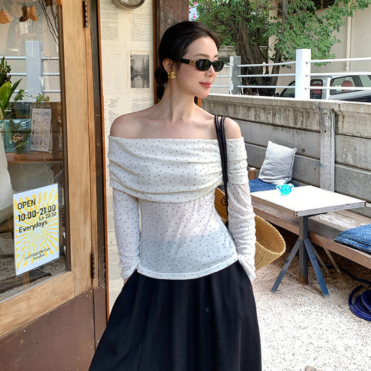 2025 spring and summer new retro polka dot simple temperament one-word neck long-sleeved shirt women's top 89288