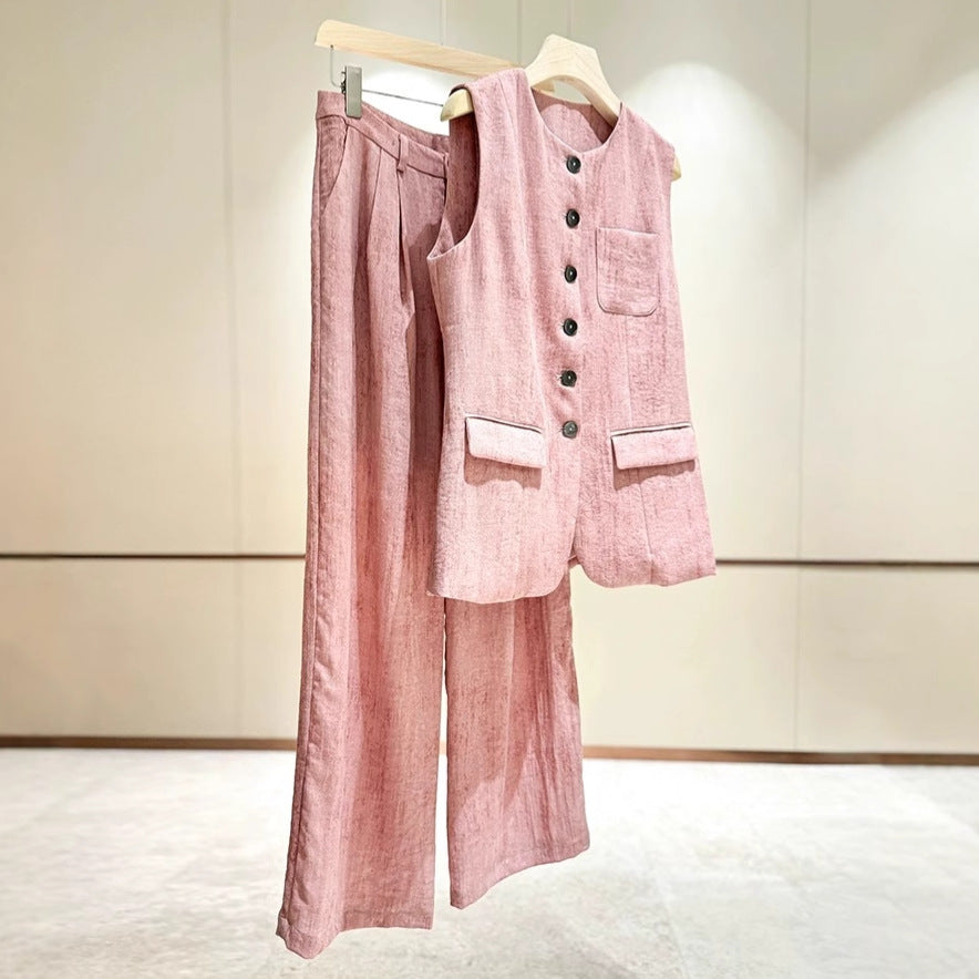 2025 Pink linen fashion Popularan goods  spring and summer suit vest vest wide leg pants temperament commuter two-piece trousers
