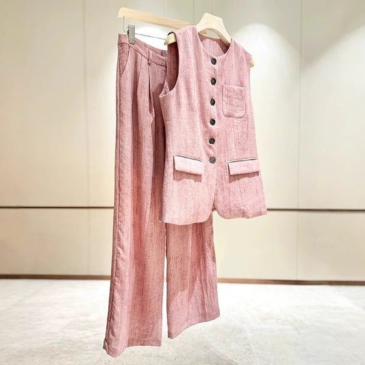 2025 Pink linen fashion Popularan goods  spring and summer suit vest vest wide leg pants temperament commuter two-piece trousers