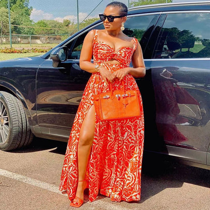 S9307  New summer new  women's clothing fashionable and sexy dress suspender printing split-ended long dress