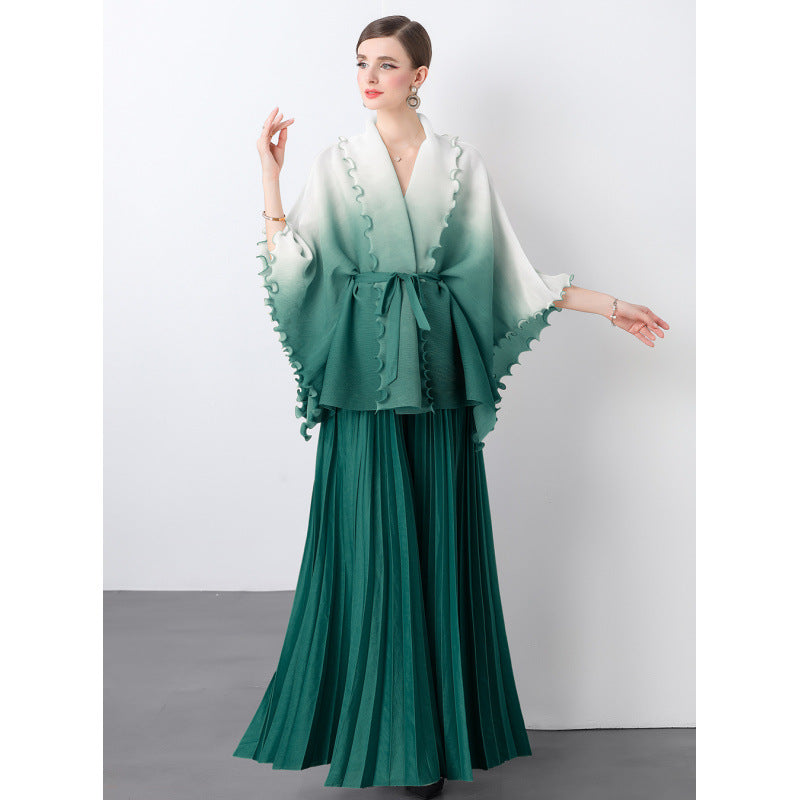 Fashion suit women's clothing strap waist gradual change color pleated cardigan top high waist pleated skirt two sets