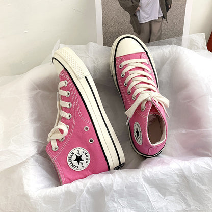 flowersverseSpring Wannian Versatile High-Top Canvas Shoes Women's Korean-Style Ulzzang Preppy Style Board Shoes Hong Kong Style Vintage Fashion Shoes