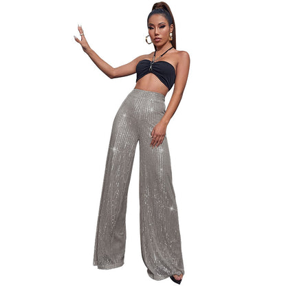 flowersverse HOT and NEW Cross Border Women's Pants Women's Autumn and Winter Trousers  High Waist Wide Leg Pants Draping Effect Sequined Casual Pants for Women