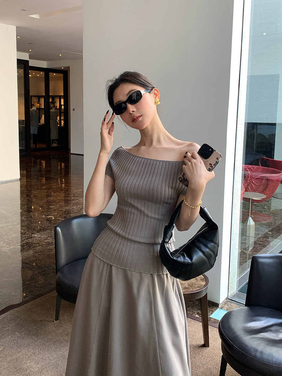 2025 Spring and Summer New Versatile One-Word Neck Slim-fit Bottom Knitted Sweater Short Sleeve T-Shirt Women's Top 25217