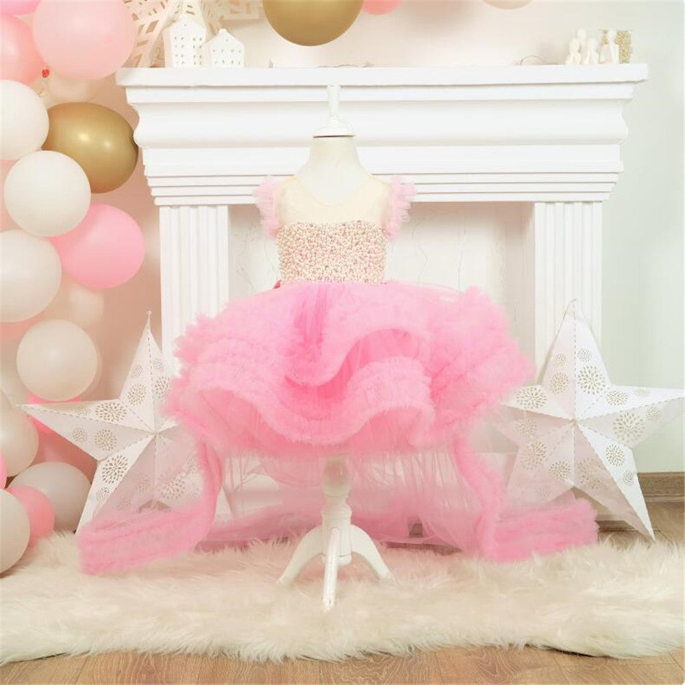 flowersverse European and American Girls' Dress  New Fairy Sweet Small Trailing Host Model Catwalk Show Children Costume