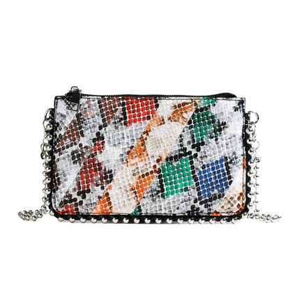 FLOWERSVERSE 2025 Cross-border wind bag women's new snake pattern splicing contrasting color envelope bag 2025 trendy Popular style women's bead chain shoulder bag