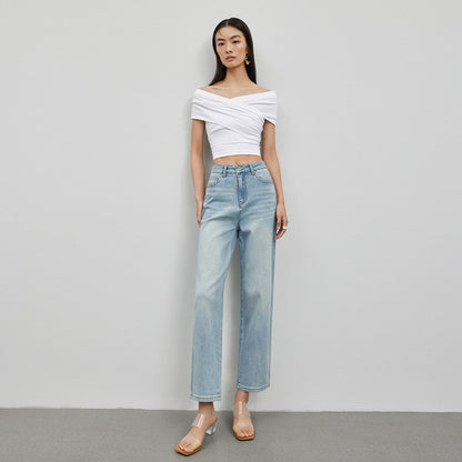 2025 Spring and Autumn  high waist high and thin nine-point women's denim straight pants elastic jeans