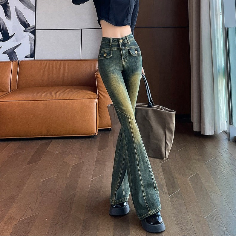 flowersverse Skinny Jeans Women's Winter High Waist Hong Kong Style Design Sense Horseshoe Stretch New Fashion Hot Girl Slim Fit Bell-Bottom Pants