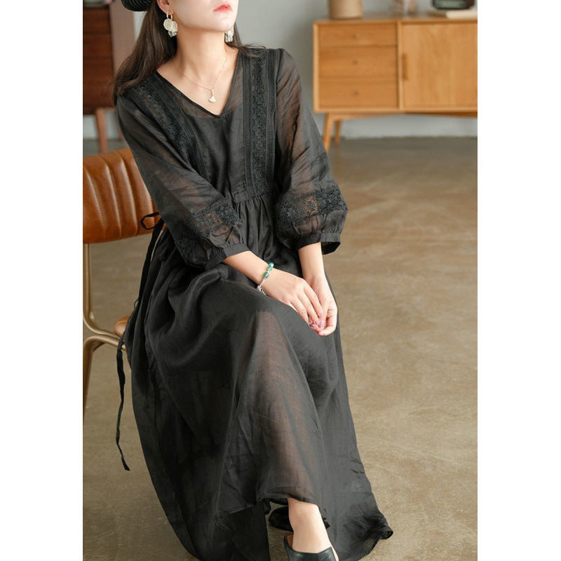 Comfortable and stylish simple seven-quarter-sleeved literary lace-up dress  summer temperament V-neck small fresh dress