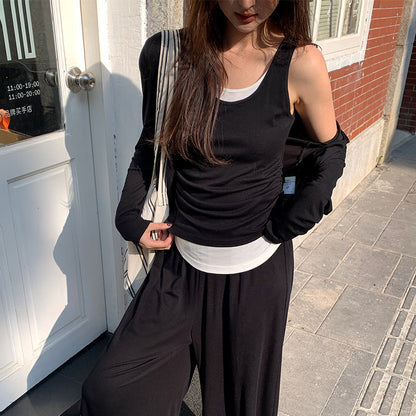 2025 Spring Temperament Knitted Cardigan Vest + High Waist Half-length Pants Three-piece Set Women 89296