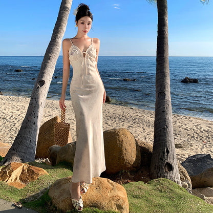 2025 Pure desire hottie halter suspender dress summer satin dress sexy waist thin seaside vacation dress