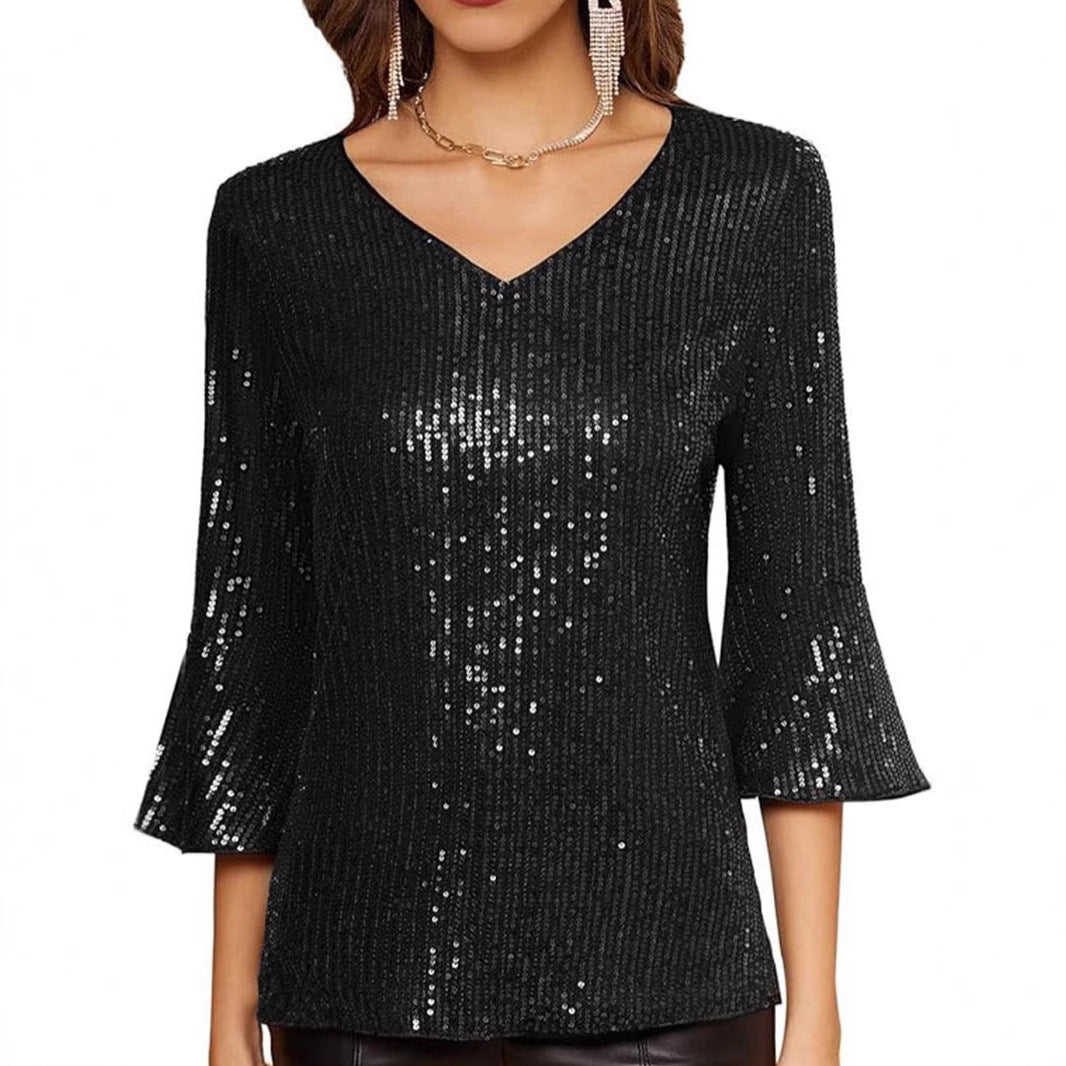 FLOWERSVERSE popular跨境货源外贸欧美女装 亚马逊新款纯色亮片宽松衬衫连衣裙