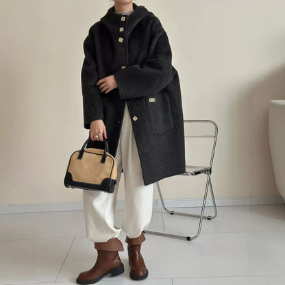 2025 Yak down mulberry silk wool hooded single-row multi-buckle shoulder sleeves extended double-sided woolen cashmere coat autumn and winter