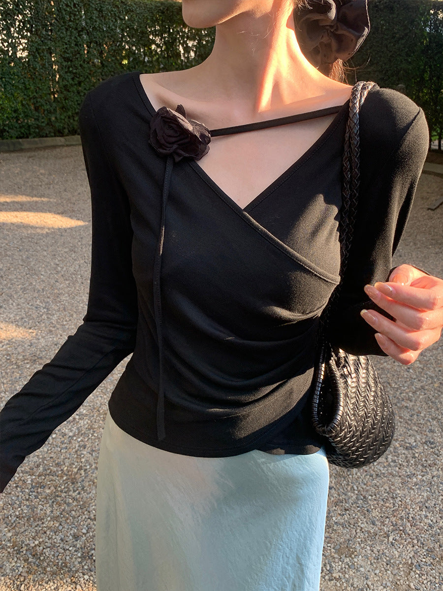 2025 Spring New Temperament Elegant Flower Bottom Knitted Sweater Skinny Long Sleeve Top Women's 89210