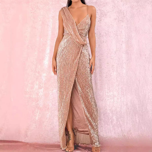 FLOWERSVERSE  new spring and summer banquet design sense single shoulder sequins gold heavy industry evening dress women's fishtail dress dress