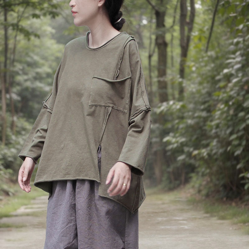 Spring and Autumn Skin-friendly Soft Pullover T-Shirt Washed Cotton Blended Irregular Knitted Splicing Top