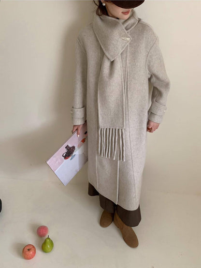 2025 Scarf collar, solid color horn buckle, one buckle, extended double-sided wool coat, woolen coat, women's warm autumn and winter