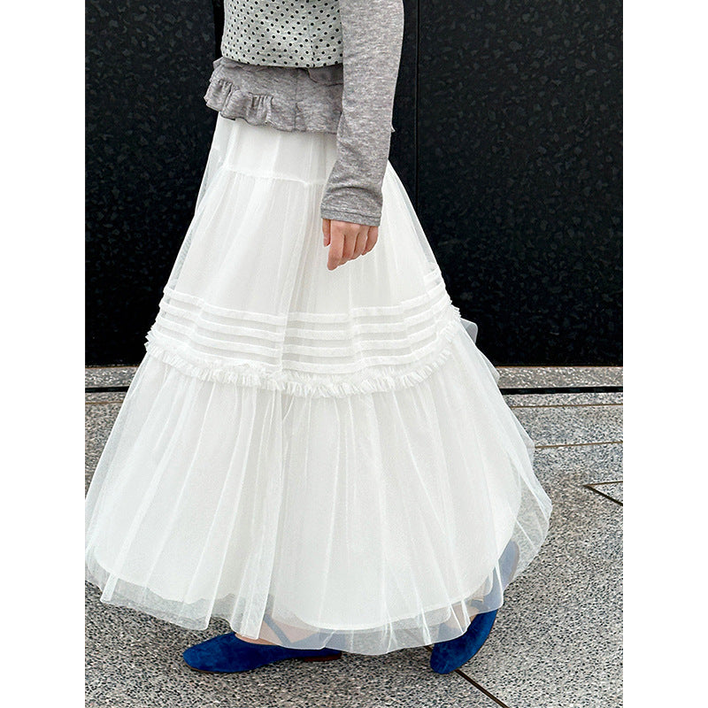 2025  spring new gentle wind pleated splicing medium and long a-shaped big pendulum mesh skirt half-body umbrella skirt 8567-1