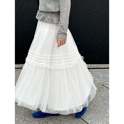 2025  spring new gentle wind pleated splicing medium and long a-shaped big pendulum mesh skirt half-body umbrella skirt 8567-1