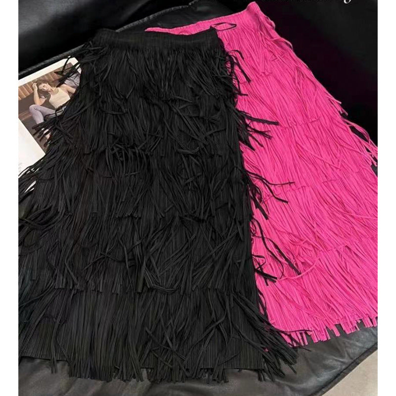 popular spring new Hong Kong-style retro style Internet celebrity with the same fringed skirt femininity thin waist pleated skirt