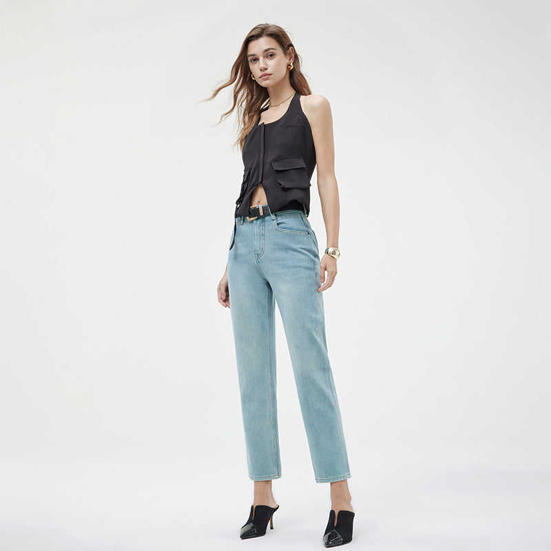 2025 popular spring new high-waisted thin pipe pants four-sided elastic straight jeans high-end elastic denim nine-point pants