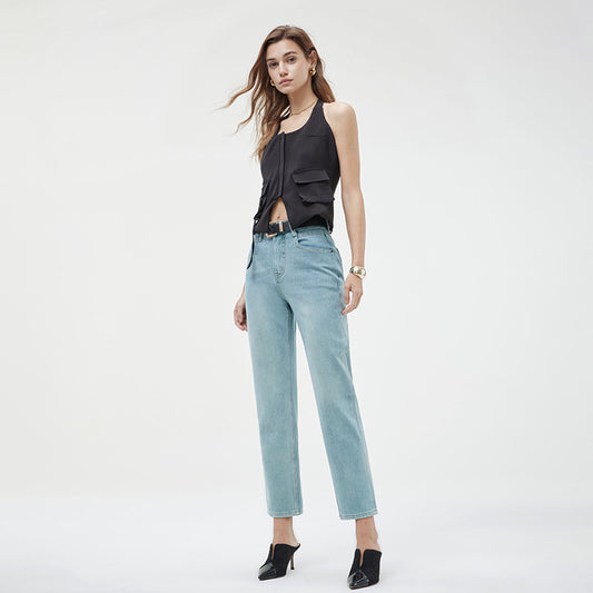 2025 popular spring new high-waisted thin pipe pants four-sided elastic straight jeans high-end elastic denim nine-point pants