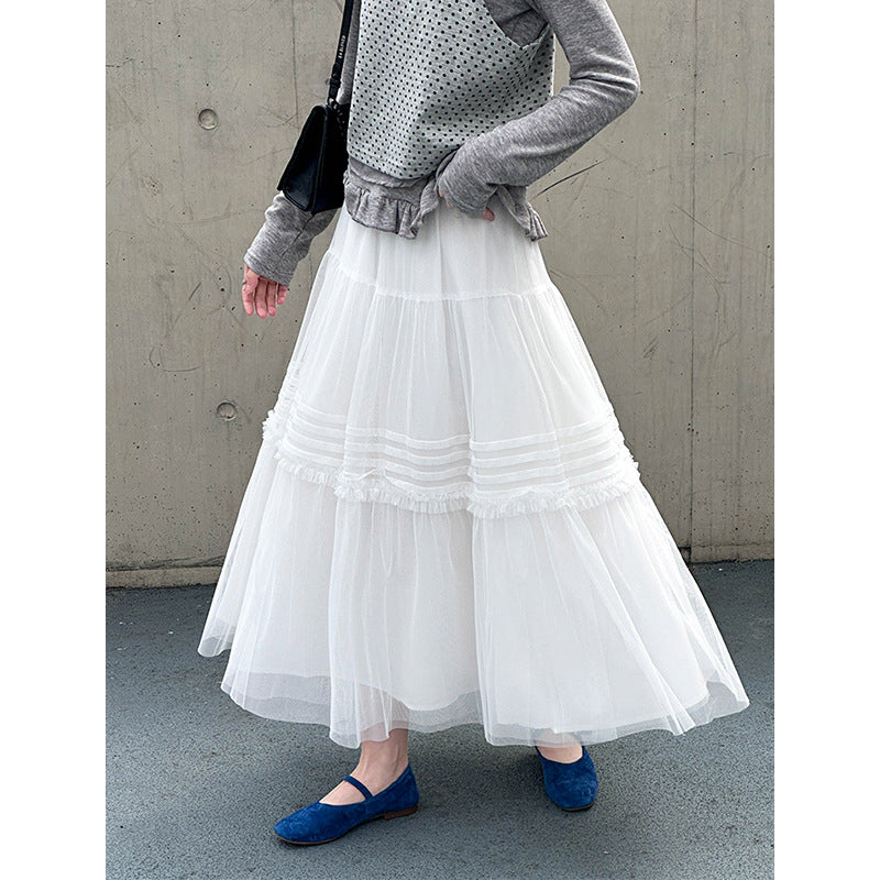 2025  spring new gentle wind pleated splicing medium and long a-shaped big pendulum mesh skirt half-body umbrella skirt 8567-1