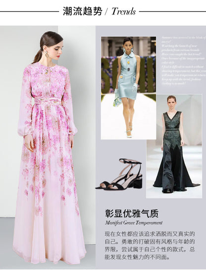 retro dress pink printed long dress and ankle long sleeve temperament skirt hollow design new