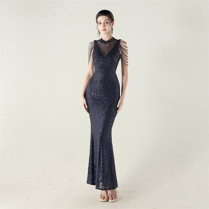 33553 # new turtleneck fishtail evening dress, beaded embroidered sequined crystal diamond decoration, red carpet wedding banquet dress