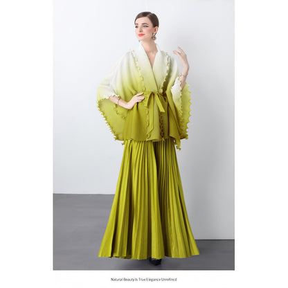 Fashion suit women's clothing strap waist gradual change color pleated cardigan top high waist pleated skirt two sets