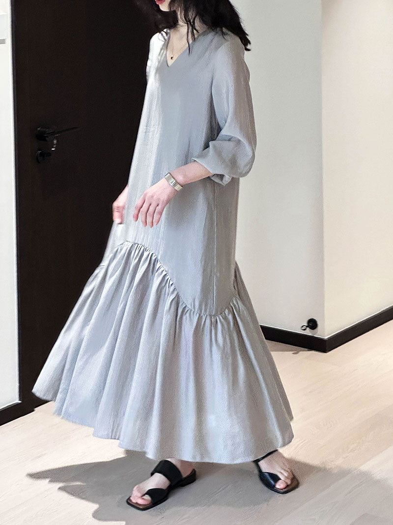 2025  V-neck dress 2025 early spring new  high-end temperament loose and gentle fishtail dress 1583